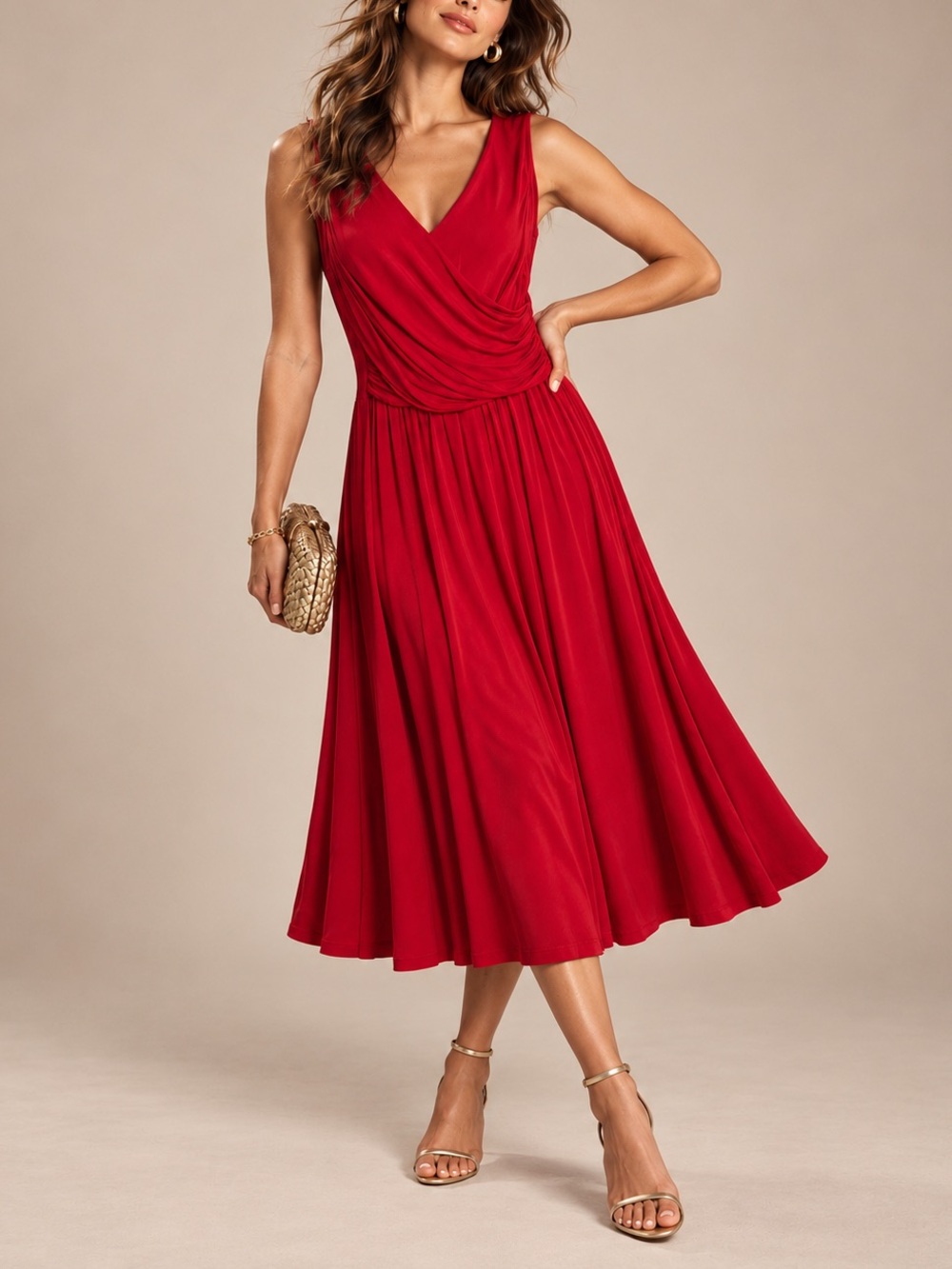 Anthropologie Girls From Savoy Jersey Viscose Red Draped Surplice Midi Dress Med